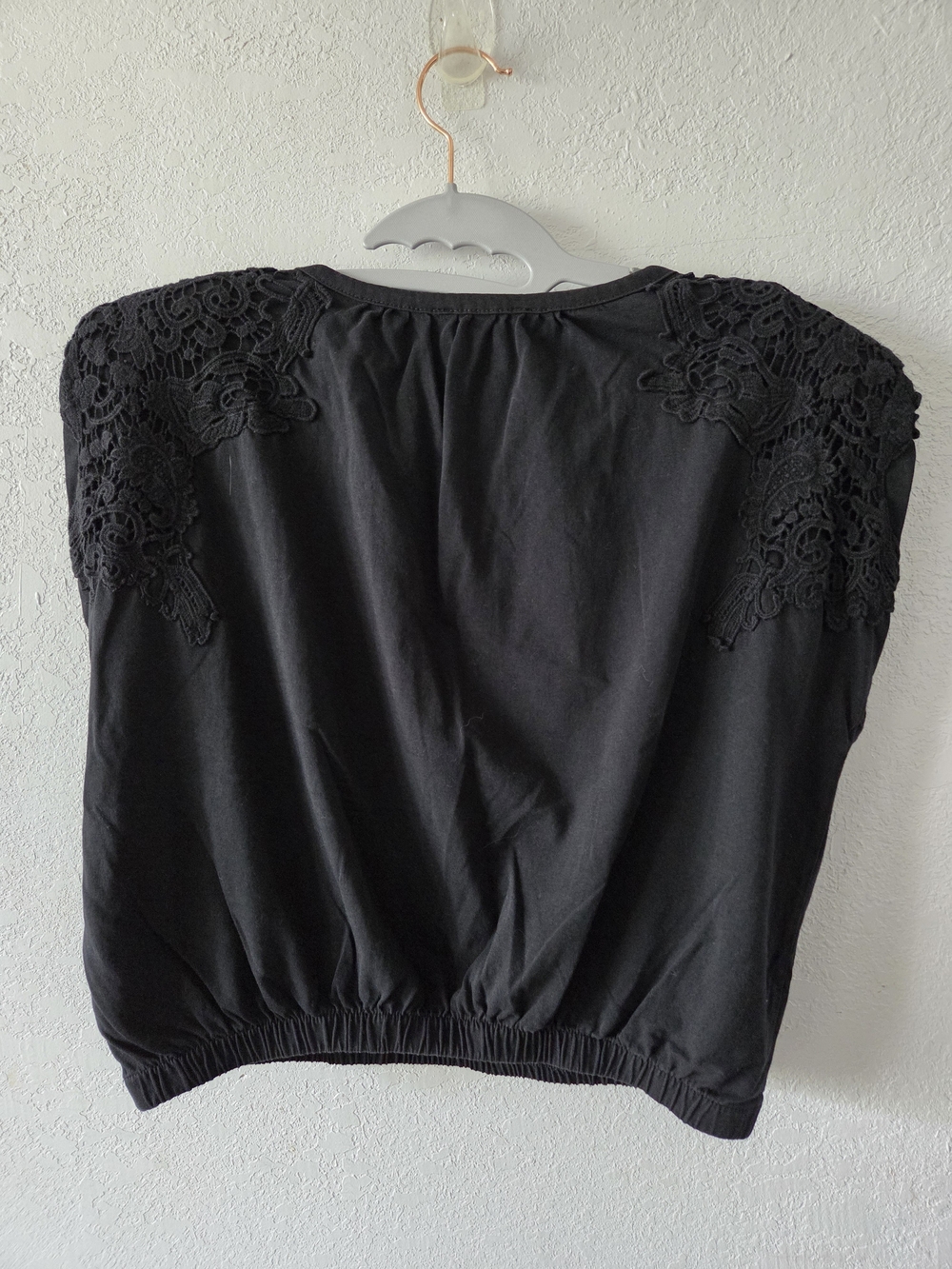 Express Black Crochet-Shoulder Short Sleeve Top - Picture 6 of 6
